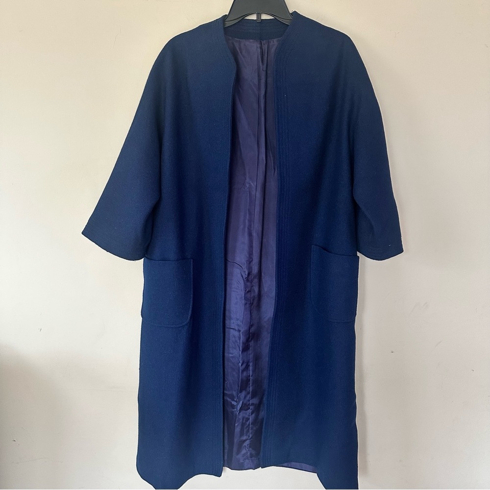Vintage Made in USA Long Coat Textured Woven Navy Lined Pockets size 10